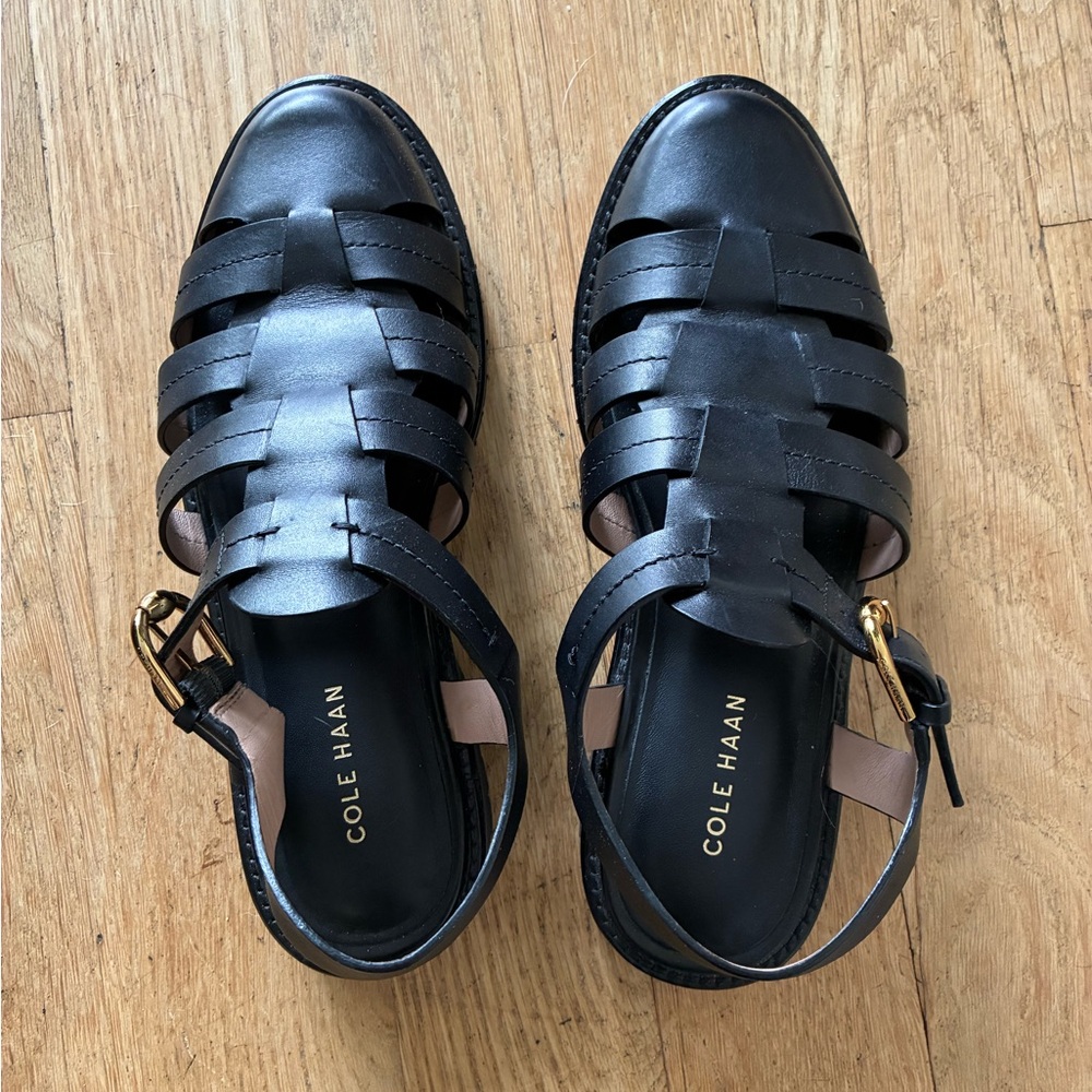 Cole Haan Black Leather Woven Fisherman Sandals with Gold Buckle
